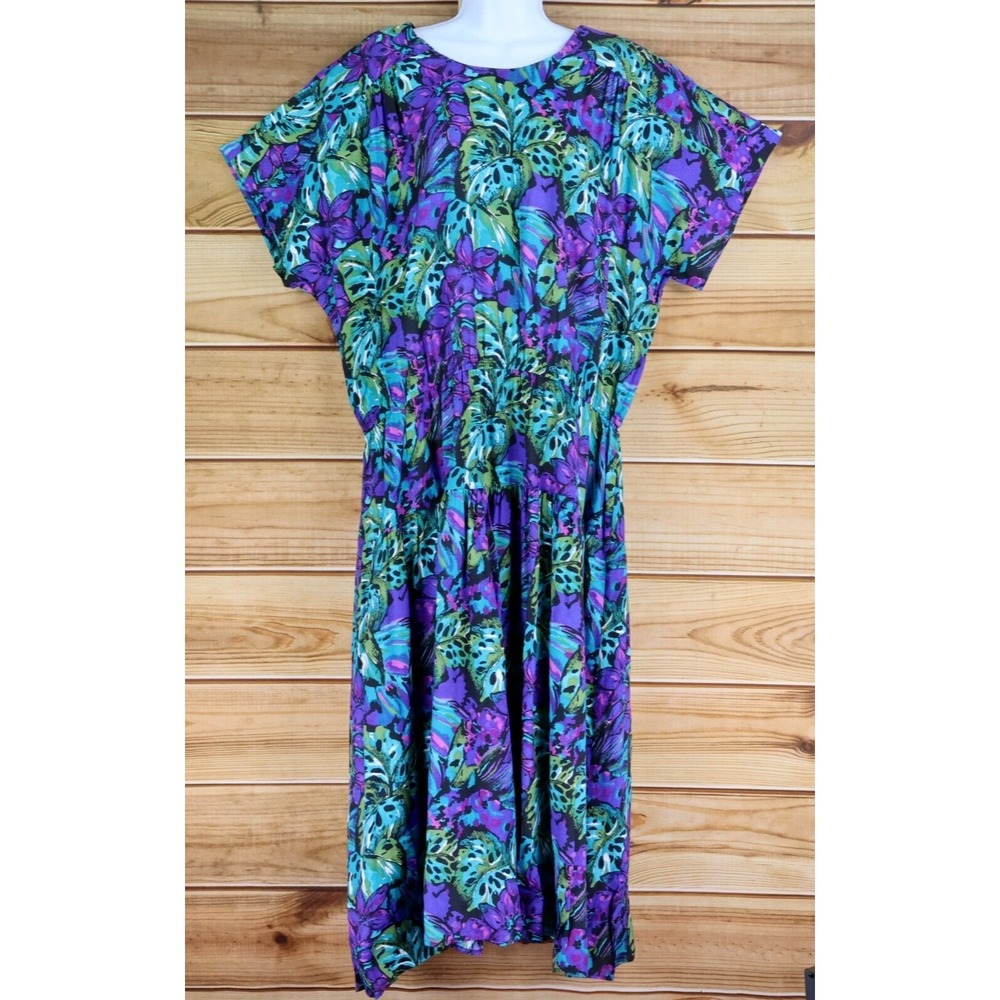 Luci Fellini Midi Dress Womens 26W Multicolor Floral Cinched Waist Shoulder Pads